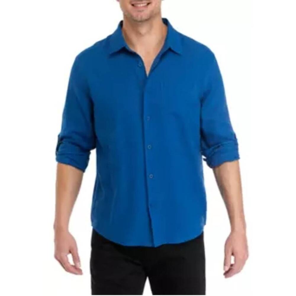 MAGASCHONI Man Cobalt Blue Button Down Long Sleeve Linen Blend European Shirt